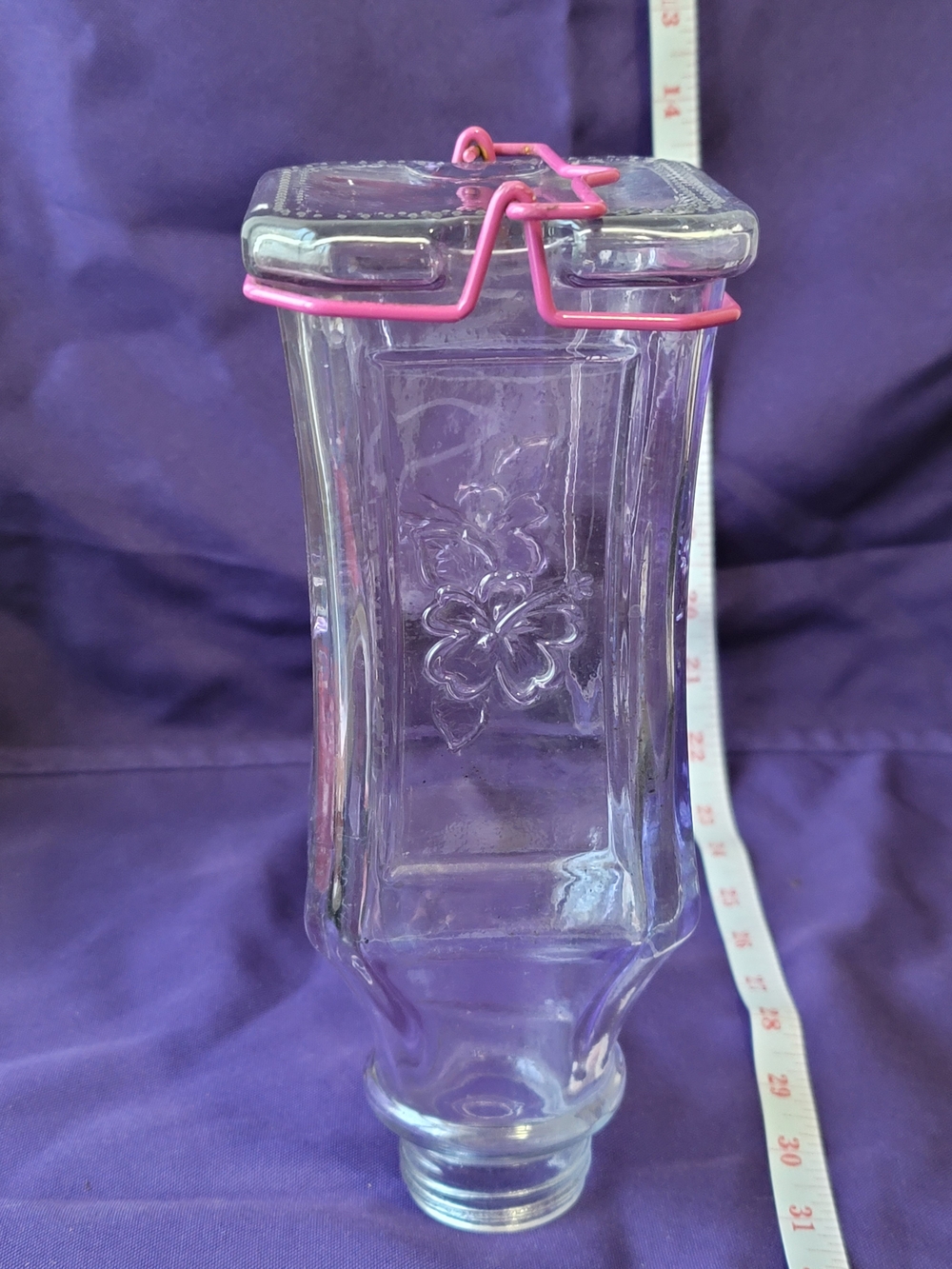 Vintage Glass Embossed Hummingbird Feeder Pink Wire Clamp - Floral Accent